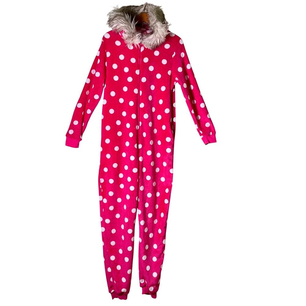 Secret Treasures Pink Polka Dot Fleece Jumpsuit Faux Fur Hood Pockets L Pajamas